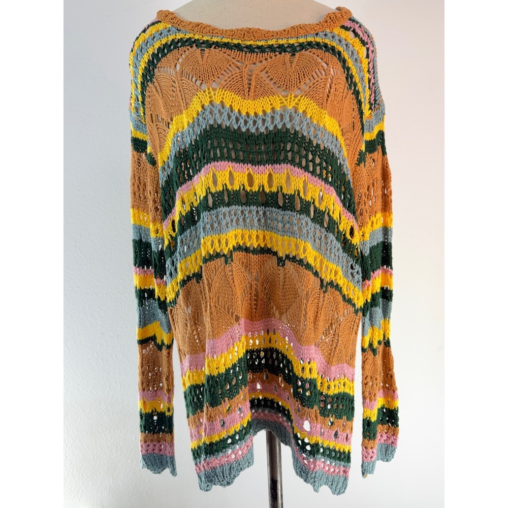 Umgee Boho Colorful Striped Open Knit Sweater Oversized Relaxed Fit Large Twee